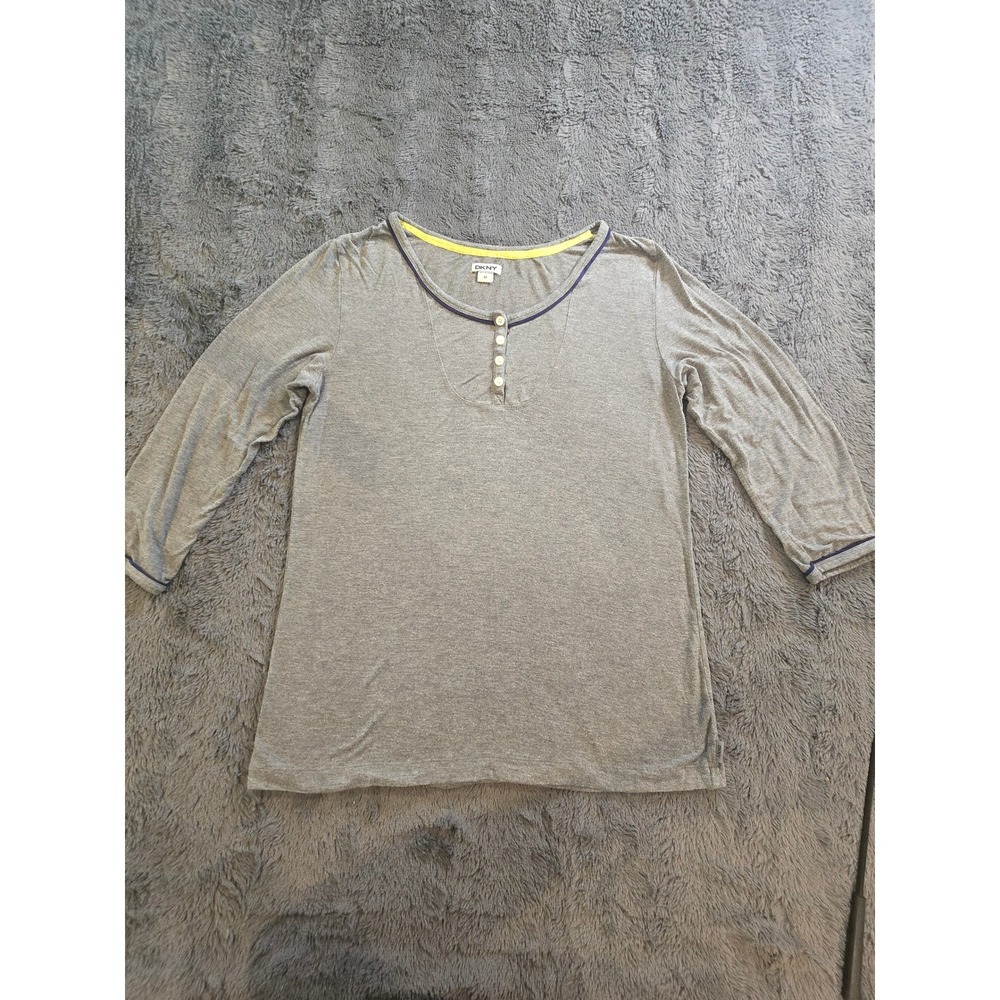 DKNY Womens Heather Gray Long Sleeve Henley Top Size M Contrast Trim Scoop Neck‎